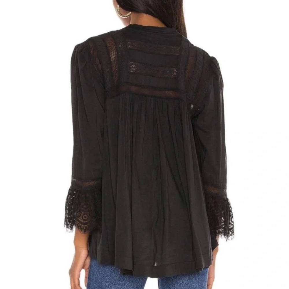 Free People Esme Lace Trim Blouse in Black Size Small